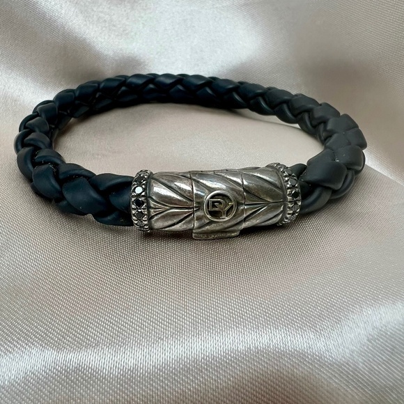 David Yurman Chevron Sterling Silver Black Diamond Woven Bracelet 7.5